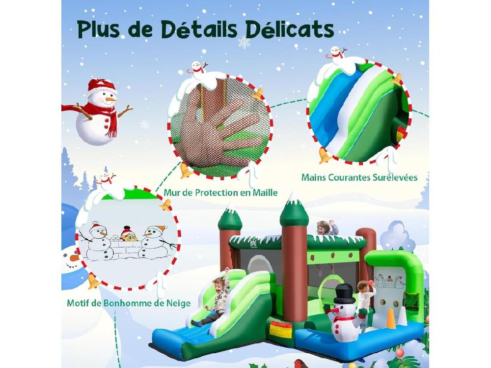 Vente Unique Château Gonflable Sur Thème De L'hiver Avec Toboggan & Souffleur 735W Maison De Saut Gonflable Avec Panier & Lancer D'Anneaux Intérieur Extérieur Charge 135kg Pour 3 Enfants De 3-10 Ans