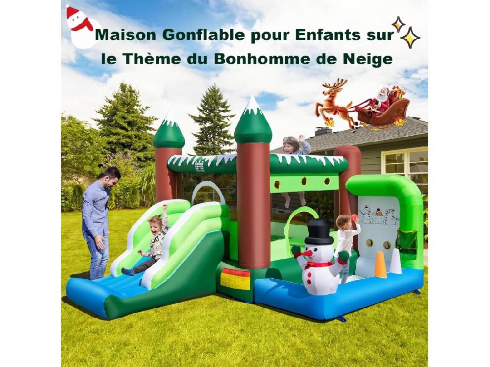Vente Unique Château Gonflable Sur Thème De L'hiver Avec Toboggan & Souffleur 735W Maison De Saut Gonflable Avec Panier & Lancer D'Anneaux Intérieur Extérieur Charge 135kg Pour 3 Enfants De 3-10 Ans