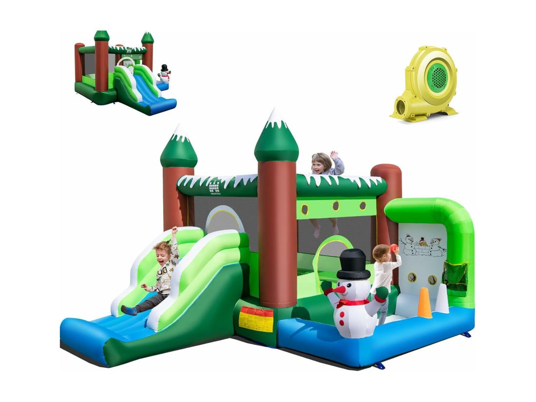vente unique Château Gonflable sur Thème de l'hiver avec Toboggan & Souffleur 735W Maison de Saut Gonflable avec Panier & Lancer d'Anneaux Intérieur Extérieur Charge 135kg pour 3 Enfants de 3-10 Ans