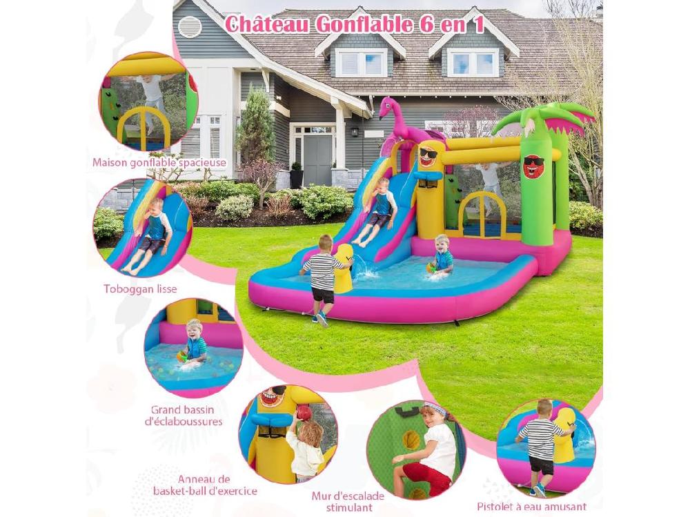 Vente Unique Château Gonflable Thème Tropical Avec Souffleur 680W Long Toboggan Aquatique Piscine à Eclaboussures Ballon Océanique