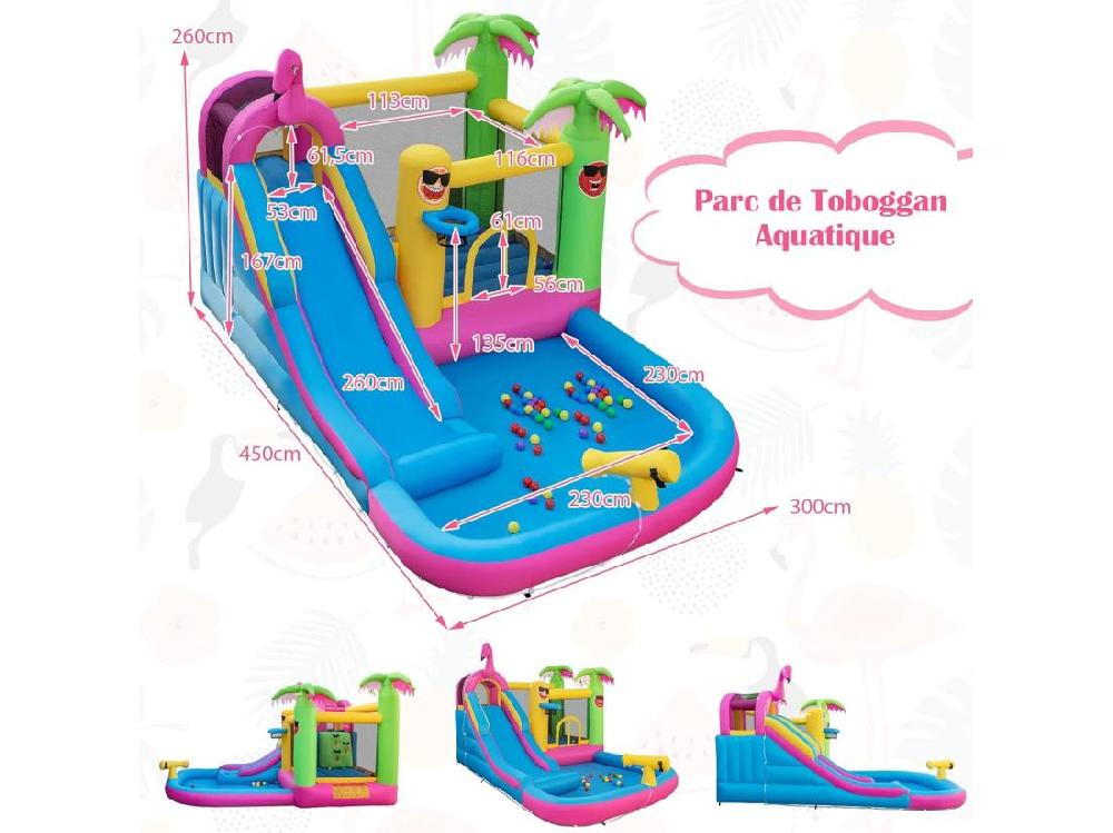 Vente Unique Château Gonflable Thème Tropical Avec Souffleur 680W Long Toboggan Aquatique Piscine à Eclaboussures Ballon Océanique