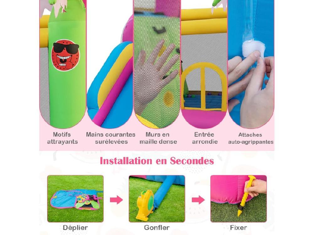 Vente Unique Château Gonflable Thème Tropical Avec Souffleur 680W Long Toboggan Aquatique Piscine à Eclaboussures Ballon Océanique