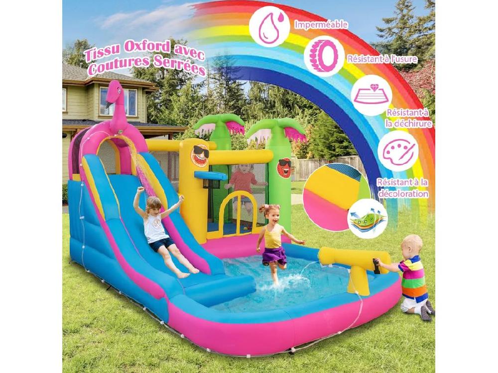 vente unique Château Gonflable Thème Tropical avec Souffleur 680W Long Toboggan Aquatique Piscine à Eclaboussures Ballon Océanique