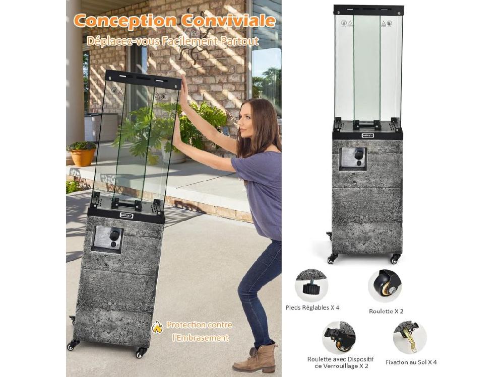Vente Unique Chauffage De Terrasse Gaz 12 KW En Acier Avec Protection Anti-Extinction Et 4 Roues Chauffage Exterieur à Roulettes Avec Hosse De Protection