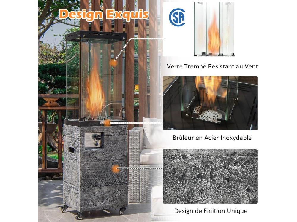 Vente Unique Chauffage De Terrasse Gaz 12 KW En Acier Avec Protection Anti-Extinction Et 4 Roues Chauffage Exterieur à Roulettes Avec Hosse De Protection