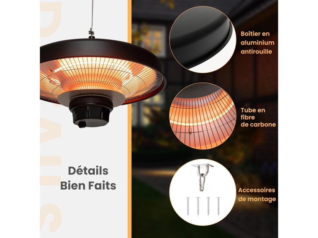 Vente Unique Chauffage Électrique Suspendu à InfraRouge 2000 W Chauffage Radiant De Plafond Extérieur Étanche IP65 Protection Contre La Surchauffe Pour Porche Terrasse Tonnelle