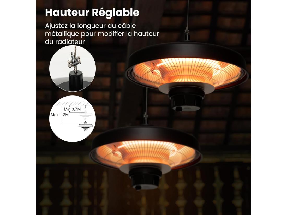 vente unique Chauffage Électrique Suspendu à InfraRouge 2000 W Chauffage Radiant de Plafond Extérieur Étanche IP65 Protection Contre la Surchauffe pour Porche Terrasse Tonnelle