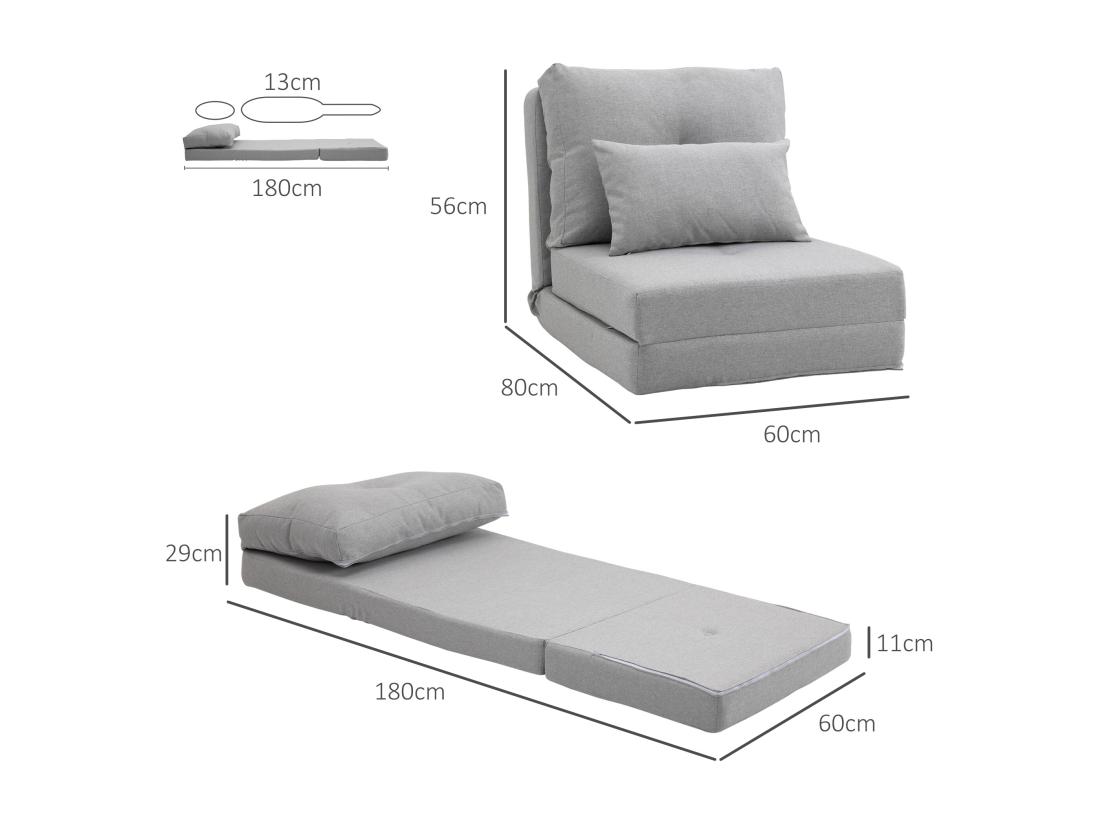 Vente Unique Chauffeuse Dossier Inclinable - Fauteuil Convertible - 2 Coussins Inclus - Tissu Lin Gris Clair