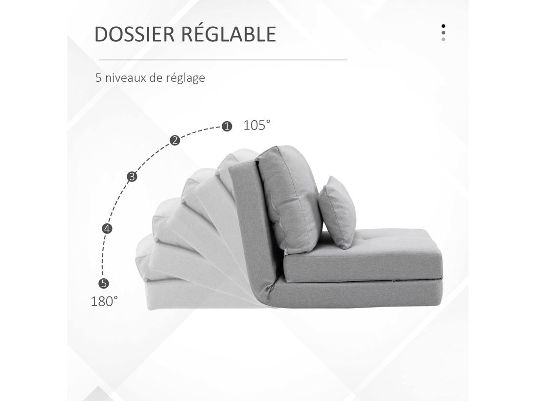 Vente Unique Chauffeuse Dossier Inclinable - Fauteuil Convertible - 2 Coussins Inclus - Tissu Lin Gris Clair