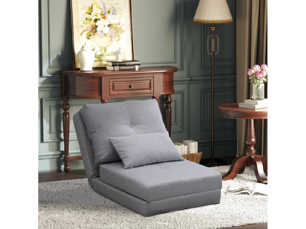 vente unique Chauffeuse dossier inclinable - fauteuil convertible - 2 coussins inclus - tissu lin gris clair