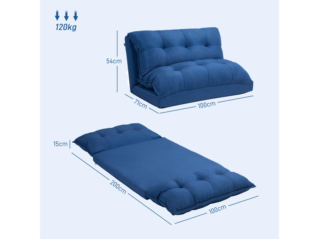 Vente Unique Chauffeuse - Matelas D'appoint Pliant - Fauteuil Convertible - Inclinaison Dossier Réglable 13 Positions - Tissu Lin Bleu