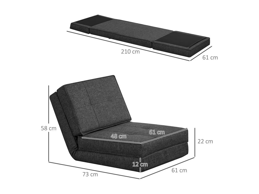 Vente Unique Chauffeuse - Matelas D'appoint Pliant - Fauteuil Convertible - Inclinaison Dossier Réglable 5 Positions - Tissu Polyester Aspect Lin Gris