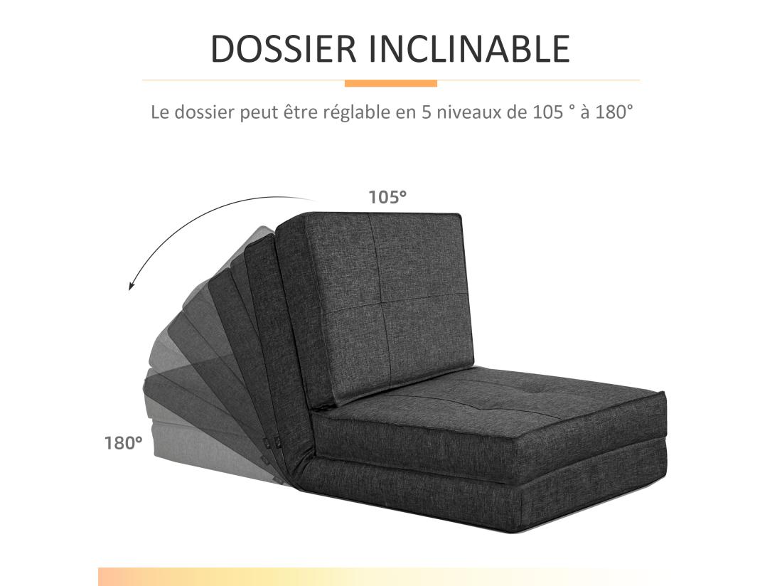 Vente Unique Chauffeuse - Matelas D'appoint Pliant - Fauteuil Convertible - Inclinaison Dossier Réglable 5 Positions - Tissu Polyester Aspect Lin Gris