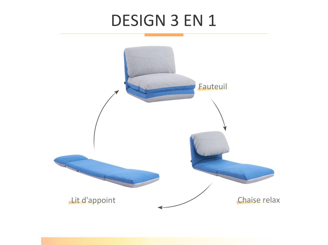 Vente Unique Chauffeuse - Matelas D'appoint Pliant - Fauteuil Convertible - Inclinaison Dossier Réglable 5 Positions - Tissu Polyester Aspect Lin Gris Clair Bleu