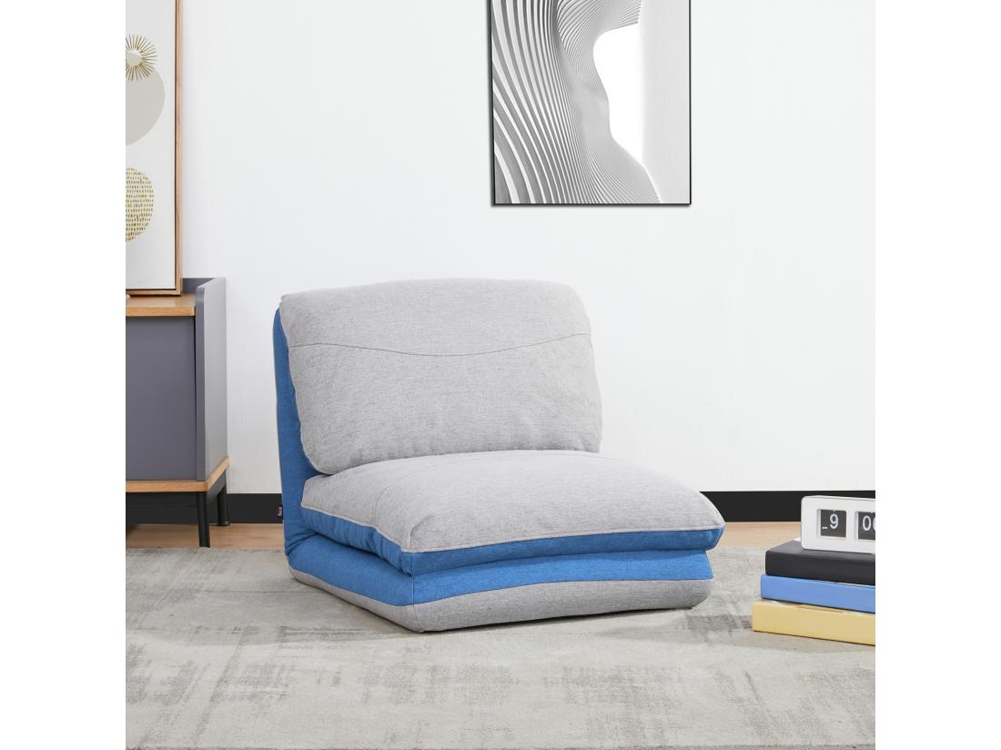 Vente Unique Chauffeuse - Matelas D'appoint Pliant - Fauteuil Convertible - Inclinaison Dossier Réglable 5 Positions - Tissu Polyester Aspect Lin Gris Clair Bleu