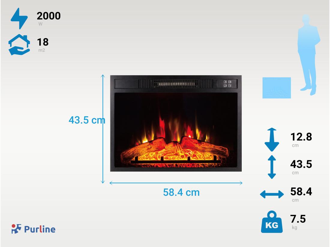 Vente Unique Cheminée électrique 2000W En Verre Trempé Noir Avec Télécommande