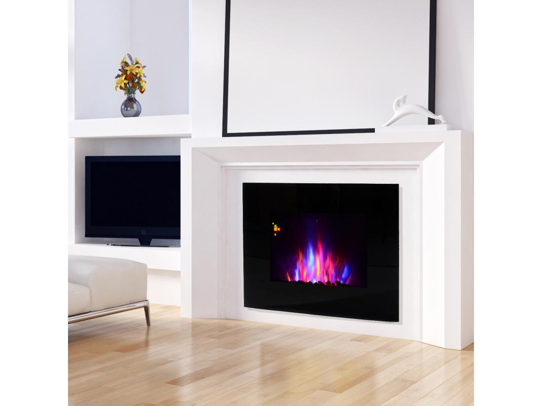 Vente Unique Cheminée électrique Murale LED 7 Effets Flammes + 7 Couleurs Ambiance + Galets Télécommande Thermostat 1000-2000 W Minuterie Noir