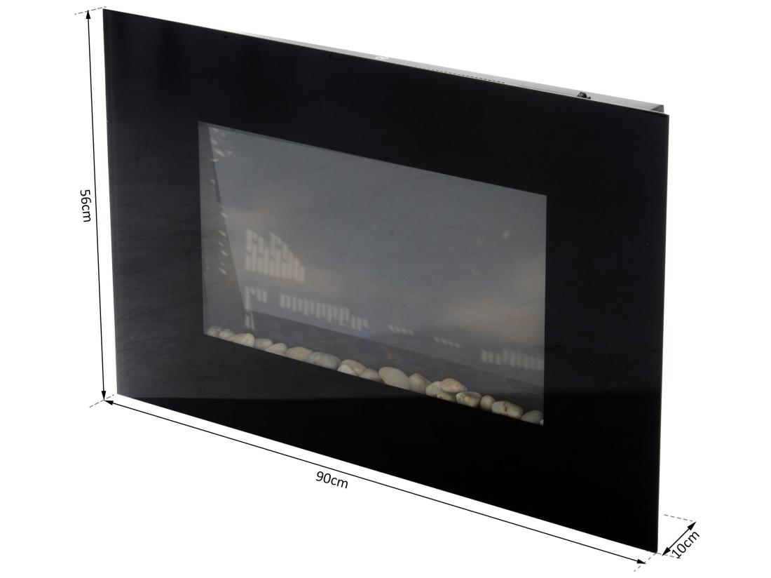 Vente Unique Cheminée électrique Murale LED 7 Effets Flammes + 7 Couleurs Ambiance + Galets Télécommande Thermostat 1000-2000 W Minuterie Noir