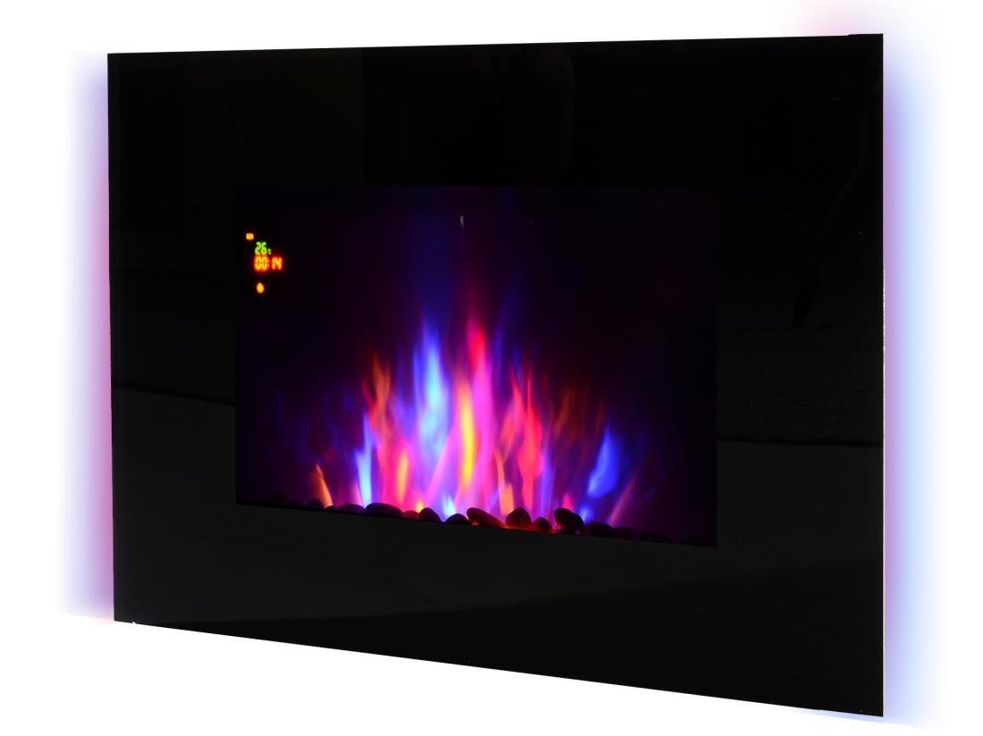 Vente Unique Cheminée électrique Murale LED 7 Effets Flammes + 7 Couleurs Ambiance + Galets Télécommande Thermostat 1000-2000 W Minuterie Noir