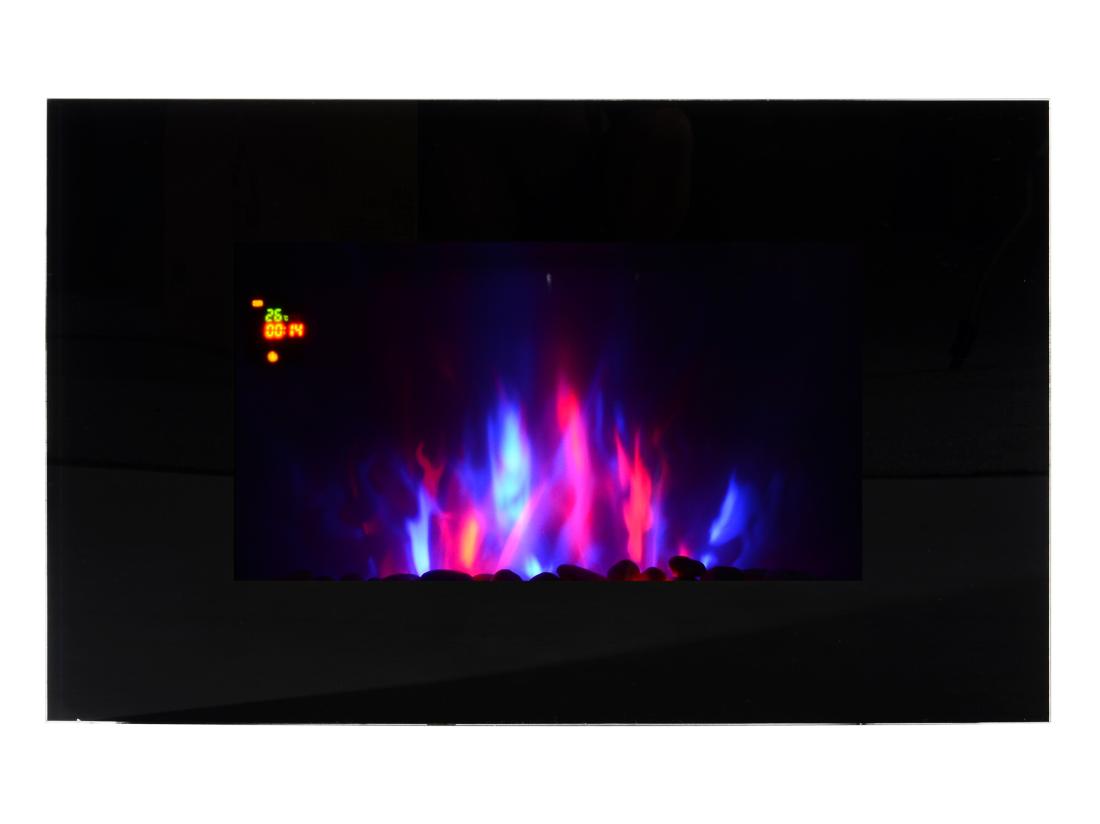 vente unique Cheminée électrique murale LED 7 effets flammes + 7 couleurs ambiance + galets télécommande thermostat 1000-2000 W minuterie noir