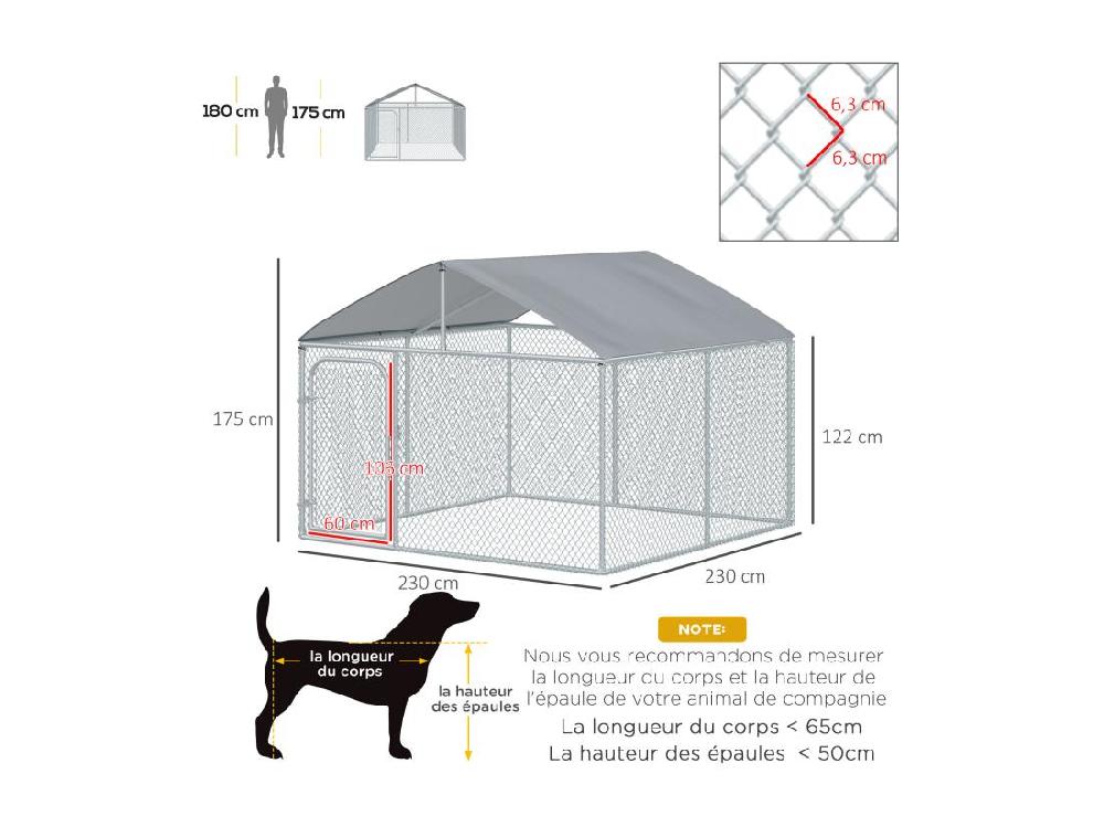 Vente Unique Chenil Extérieur Avec Toit Pour Chien 5 M² - Parc Grillagé 230 X 230 X 175 Cm - Espace Couvert - Acier Galvanisé