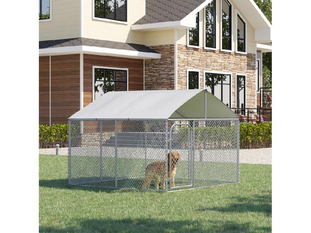 vente unique Chenil extérieur avec toit pour chien 5 m² - parc grillagé 230 x 230 x 175 cm - espace couvert - acier galvanisé