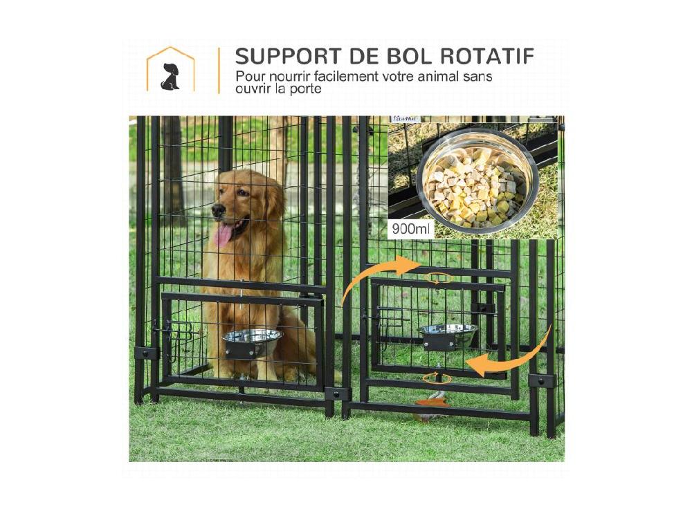 Vente Unique Chenil Extérieur Chien - Cage Chien - Enclos Chien - Toile Toit Imperméable Anti-UV Porte Verrouillable 2 Bols Rotatifs - Acier Noir Oxford Pourpre