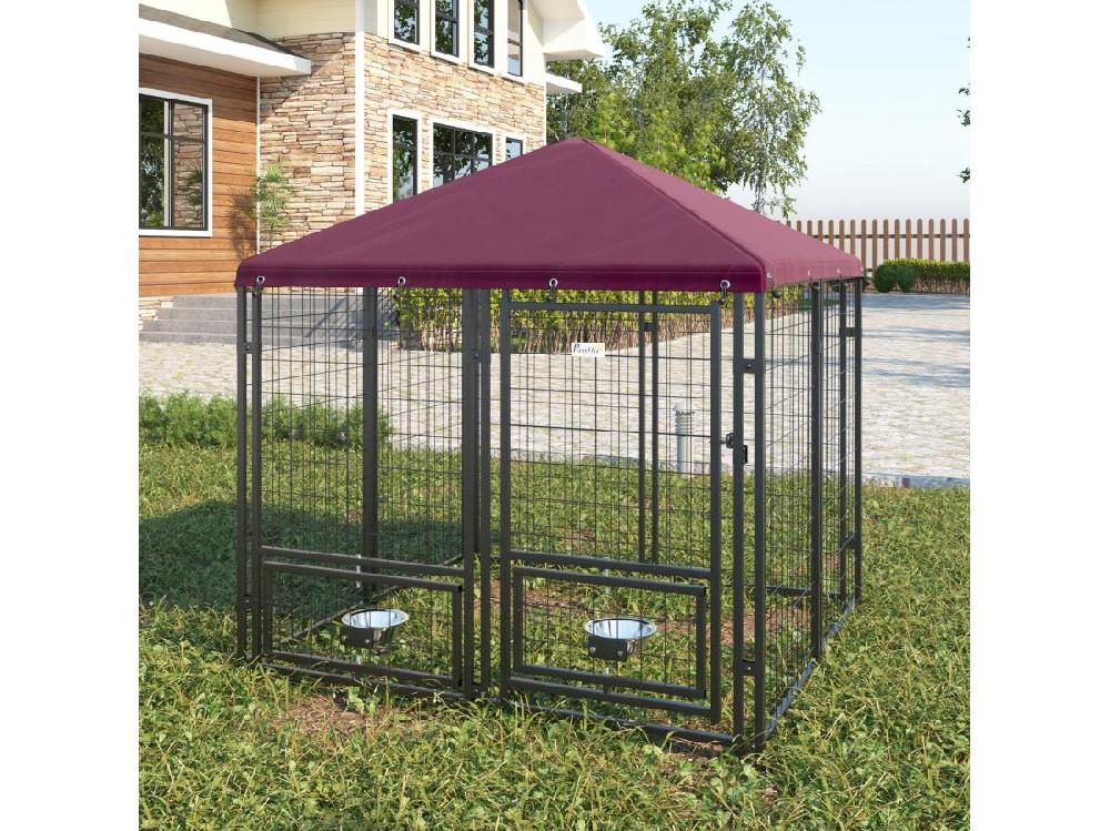 Vente Unique Chenil Extérieur Chien - Cage Chien - Enclos Chien - Toile Toit Imperméable Anti-UV Porte Verrouillable 2 Bols Rotatifs - Acier Noir Oxford Pourpre