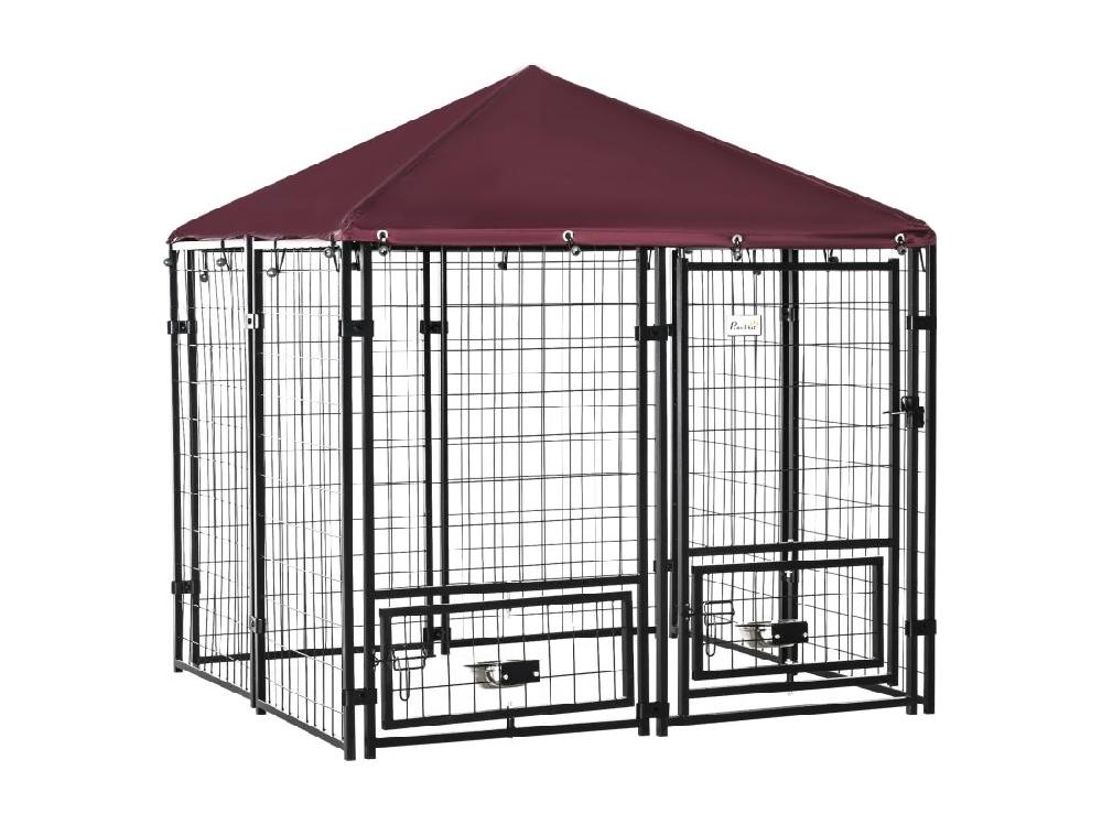 Vente Unique Chenil Extérieur Chien - Cage Chien - Enclos Chien - Toile Toit Imperméable Anti-UV Porte Verrouillable 2 Bols Rotatifs - Acier Noir Oxford Pourpre
