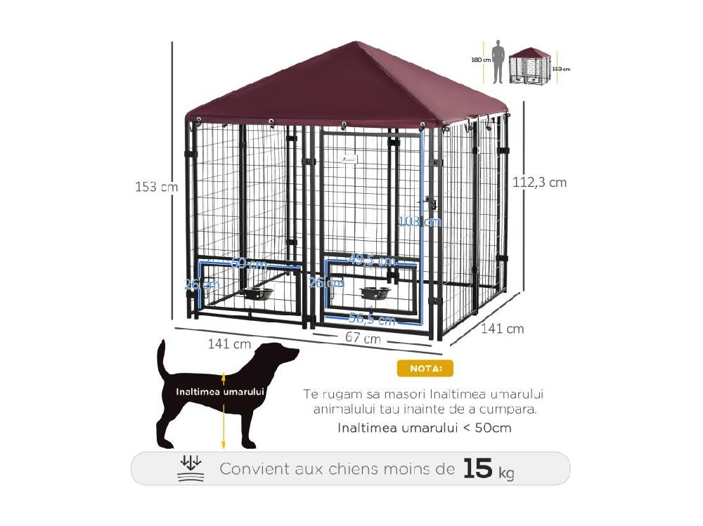 Vente Unique Chenil Extérieur Chien - Cage Chien - Enclos Chien - Toile Toit Imperméable Anti-UV Porte Verrouillable 2 Bols Rotatifs - Acier Noir Oxford Pourpre