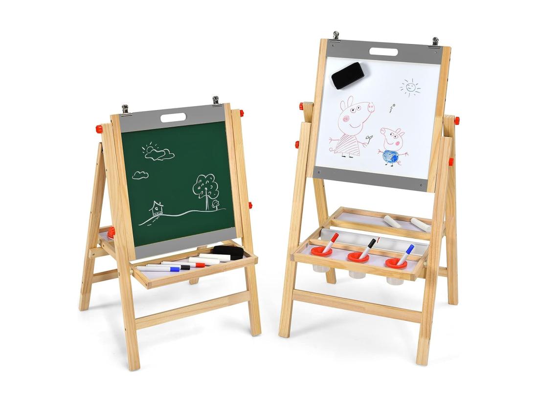 Vente Unique Chevalet D’Art 3-en-1 Pour Enfants De 3+Ans Avec Hauteur Réglable Sur 5 Positions Plateau De Rangement Et Tableau à 2 Faces