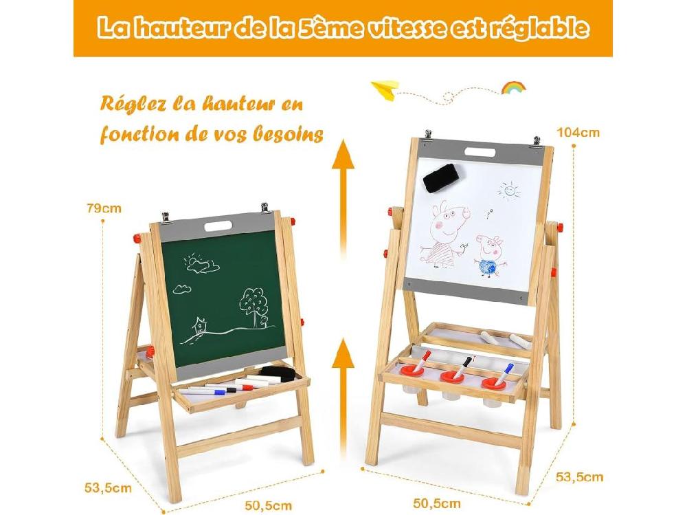 Vente Unique Chevalet D’Art 3-en-1 Pour Enfants De 3+Ans Avec Hauteur Réglable Sur 5 Positions Plateau De Rangement Et Tableau à 2 Faces