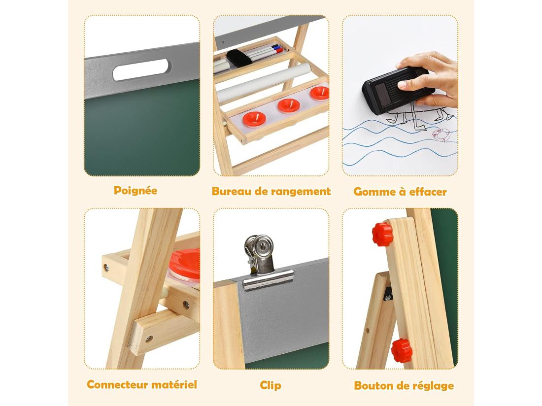 Vente Unique Chevalet D’Art 3-en-1 Pour Enfants De 3+Ans Avec Hauteur Réglable Sur 5 Positions Plateau De Rangement Et Tableau à 2 Faces