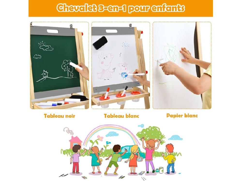vente unique Chevalet d’Art 3-en-1 pour Enfants de 3+Ans avec Hauteur Réglable sur 5 Positions Plateau de Rangement et Tableau à 2 Faces