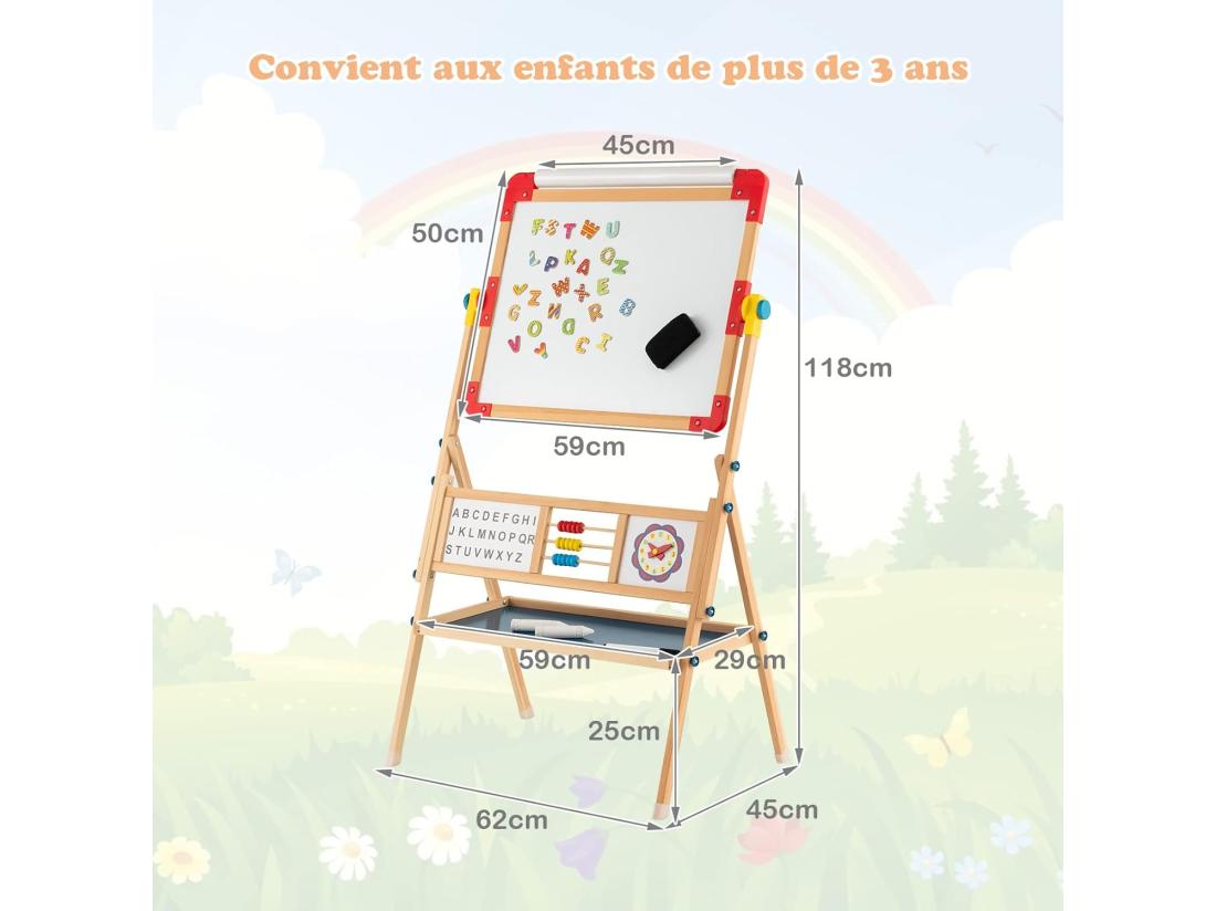 Vente Unique Chevalet D’Art Enfant Double Face Avec Planche à Dessin Rotatif Horloge Et Alphabet Boulier Educatif Rouleau De Papier Pour Enfants De 3+ Ans