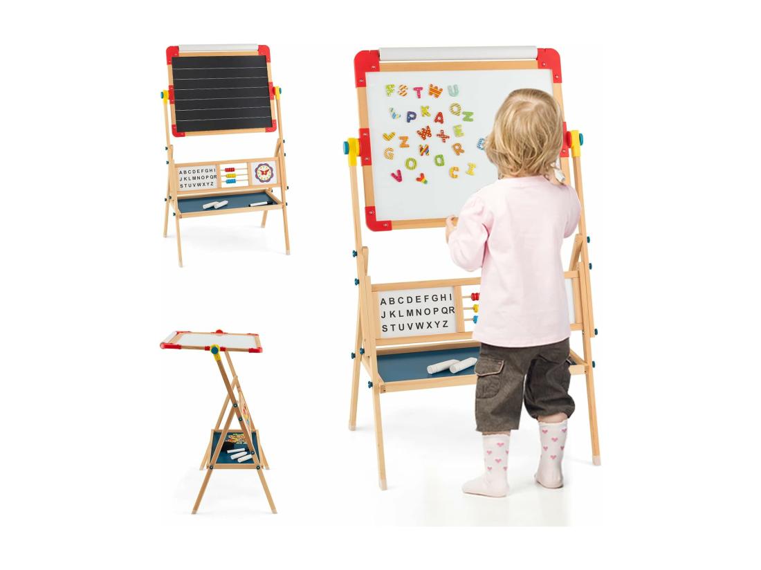 Vente Unique Chevalet D’Art Enfant Double Face Avec Planche à Dessin Rotatif Horloge Et Alphabet Boulier Educatif Rouleau De Papier Pour Enfants De 3+ Ans
