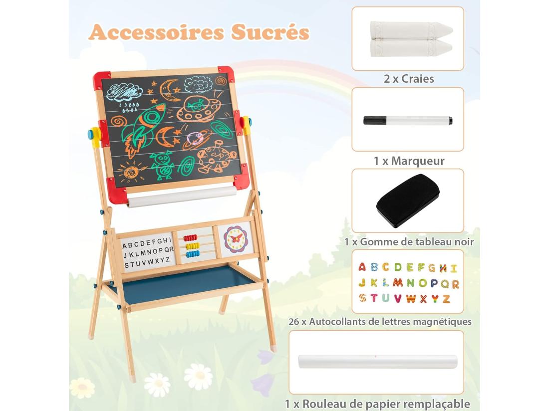 Vente Unique Chevalet D’Art Enfant Double Face Avec Planche à Dessin Rotatif Horloge Et Alphabet Boulier Educatif Rouleau De Papier Pour Enfants De 3+ Ans