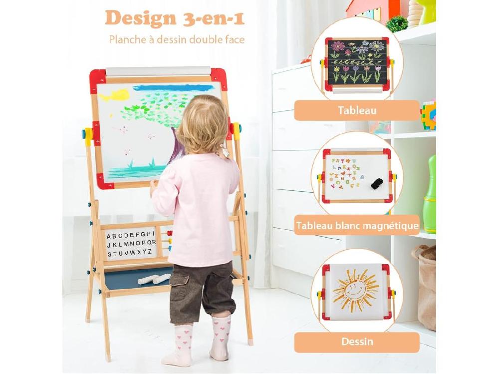 vente unique Chevalet d’Art Enfant Double Face avec Planche à Dessin Rotatif Horloge et Alphabet Boulier Educatif Rouleau de Papier pour Enfants de 3+ Ans