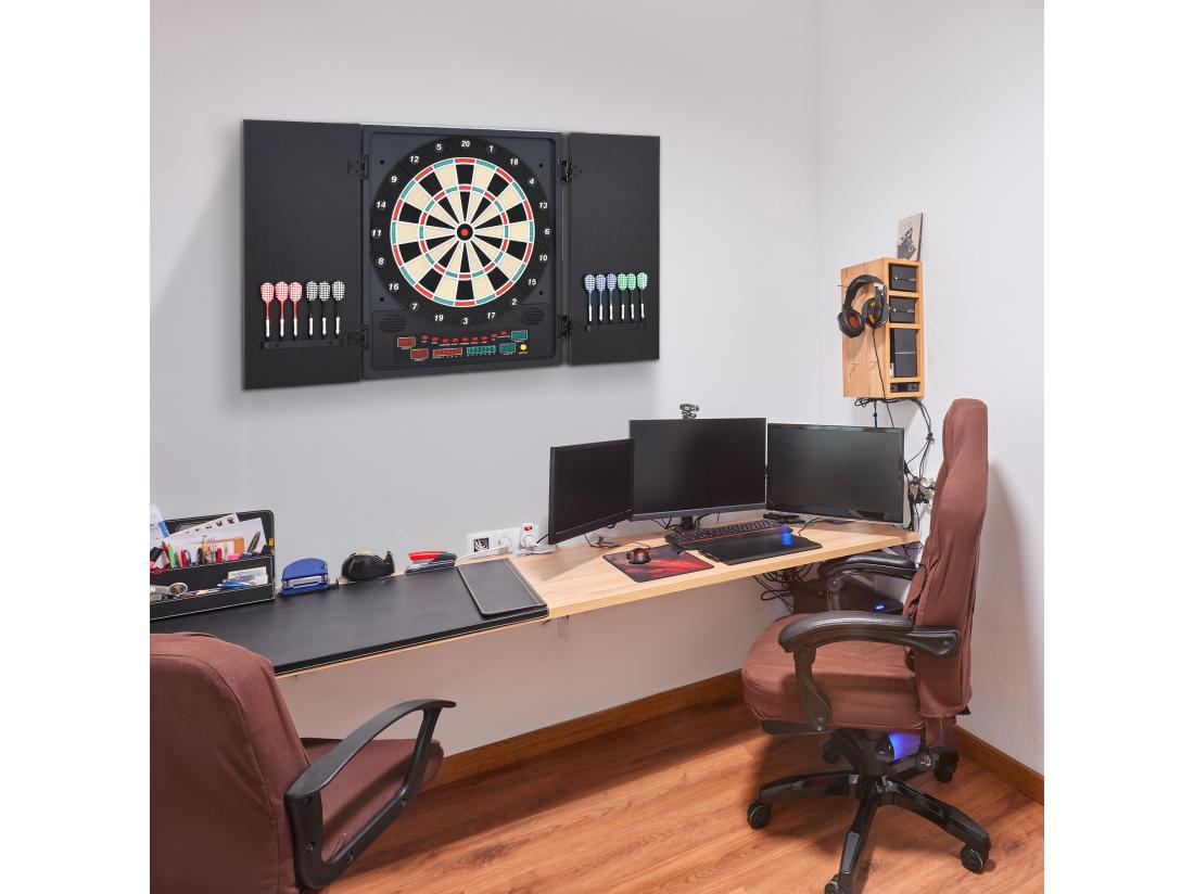 vente unique Cible jeu de fléchettes électronique refermable 27 jeux 202 variations jusqu'à 8 joueurs affichage LED haut-parleur noir