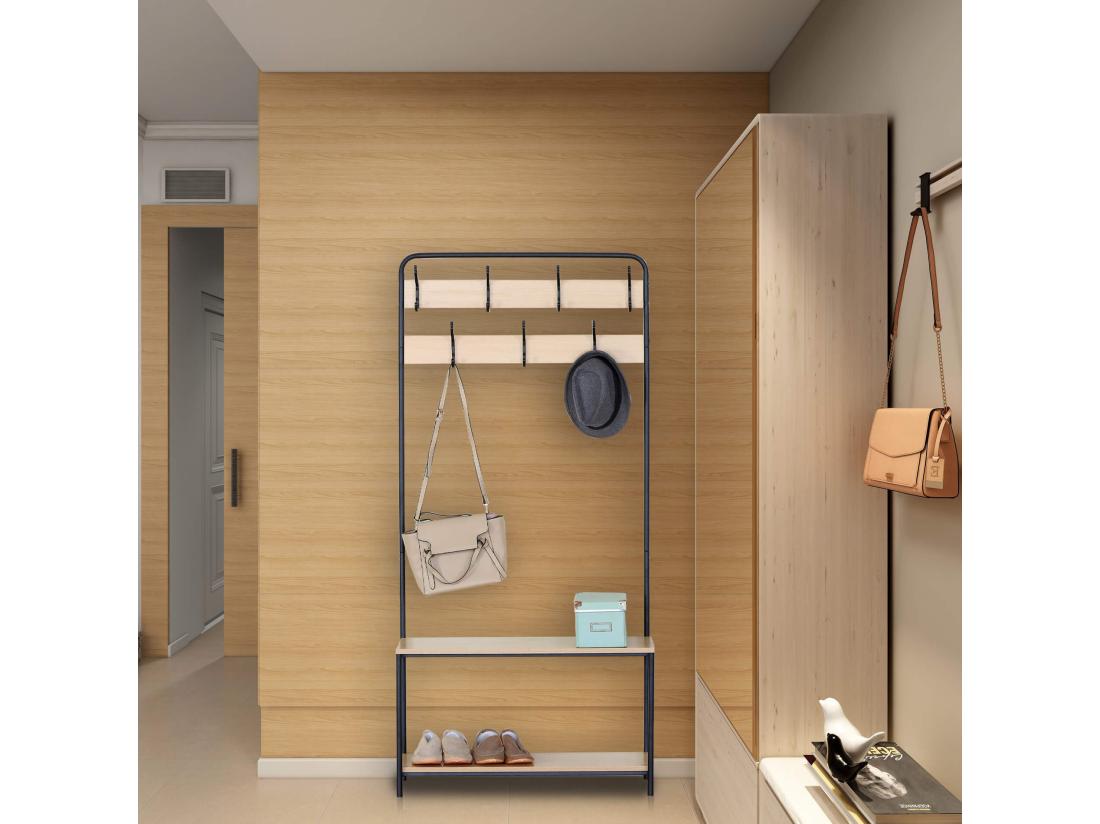 Vente Unique Cintre Meuble à Chaussures MDF Métal Avec 2 Etagères 7 Crochets Pour Entrées