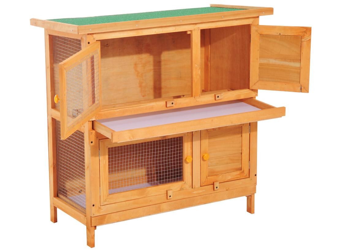 Vente Unique Clapier à Lapin Cage à Lapin Double Niveau Plateaux Coulissants 4 Portes Verrouillables Toit Ouvrant 90L X 45l X 90H Cm