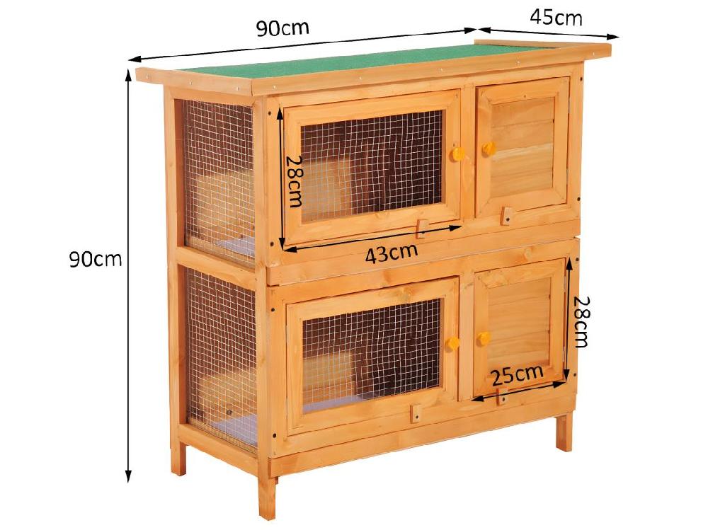 vente unique Clapier à lapin cage à lapin double niveau plateaux coulissants 4 portes verrouillables toit ouvrant 90L x 45l x 90H cm