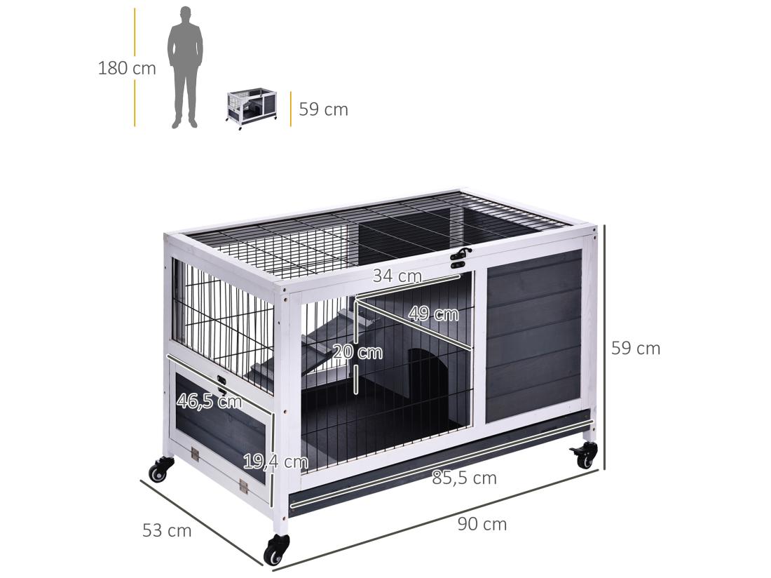 Vente Unique Clapier à Lapin Sur Roulettes Cage à Lapin 2 étages Porte Verrouillable Toit Ouvrant Plateau Coulissant Rampe Bois De Sapin Gris Blanc