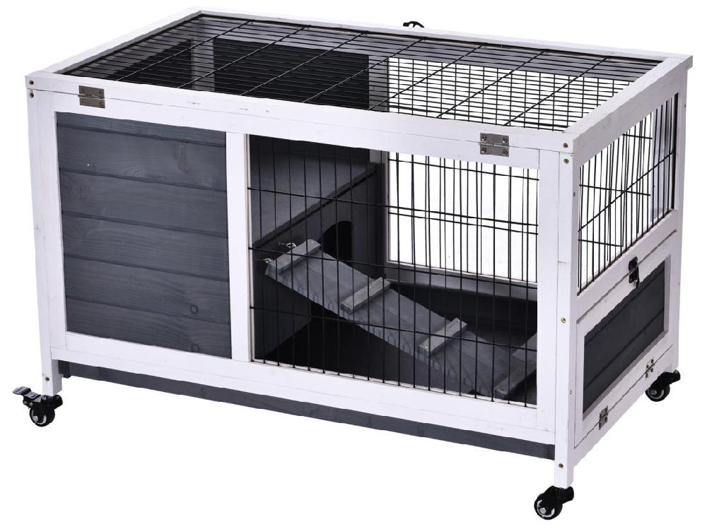 Vente Unique Clapier à Lapin Sur Roulettes Cage à Lapin 2 étages Porte Verrouillable Toit Ouvrant Plateau Coulissant Rampe Bois De Sapin Gris Blanc