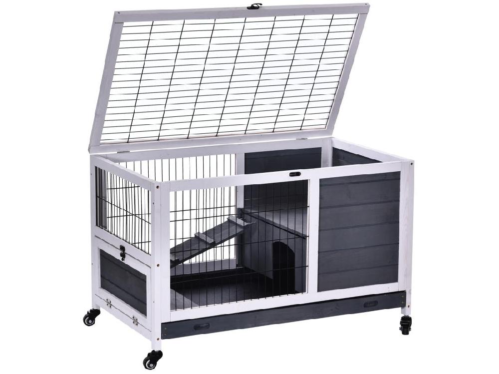 Vente Unique Clapier à Lapin Sur Roulettes Cage à Lapin 2 étages Porte Verrouillable Toit Ouvrant Plateau Coulissant Rampe Bois De Sapin Gris Blanc