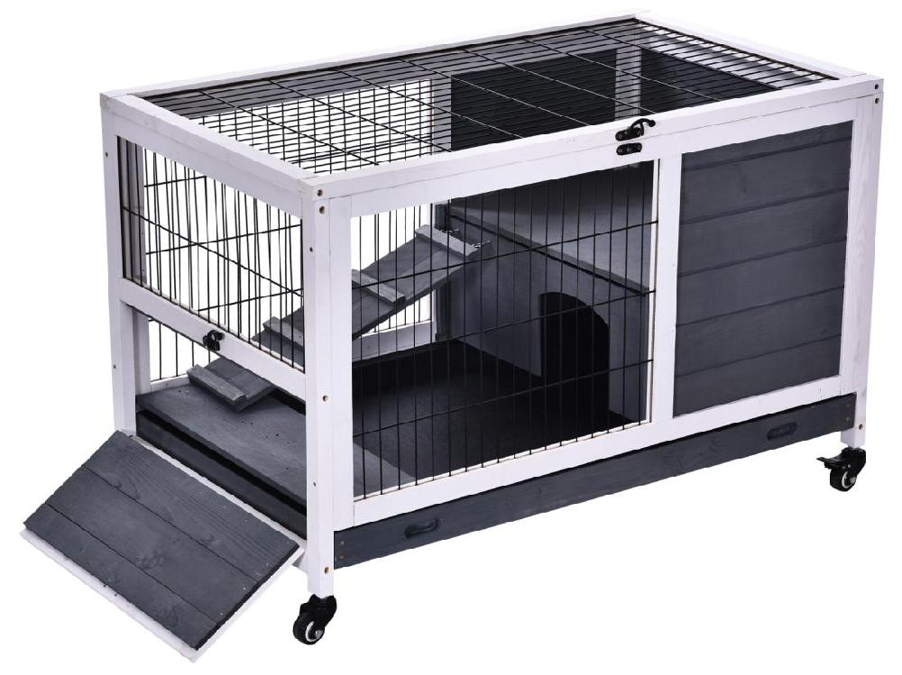 vente unique Clapier à lapin sur roulettes cage à lapin 2 étages porte verrouillable toit ouvrant plateau coulissant rampe bois de sapin gris blanc