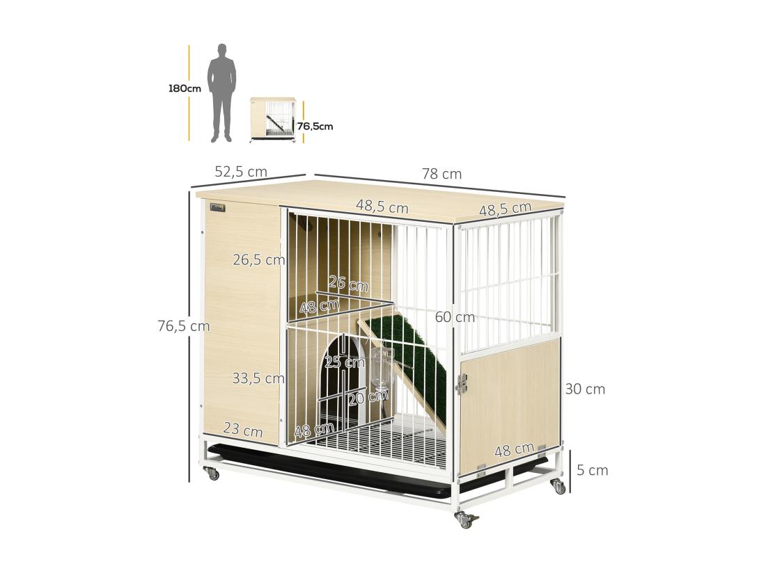 Vente Unique Clapier à Lapin Sur Roulettes Cage à Lapin 2 Niveaux Toit Ouvrant Porte Plateau Déjection Coulissant Rampe Niche Acier Blanc Aspect Bois Clair