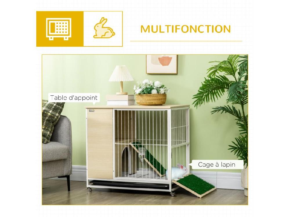Vente Unique Clapier à Lapin Sur Roulettes Cage à Lapin 2 Niveaux Toit Ouvrant Porte Plateau Déjection Coulissant Rampe Niche Acier Blanc Aspect Bois Clair