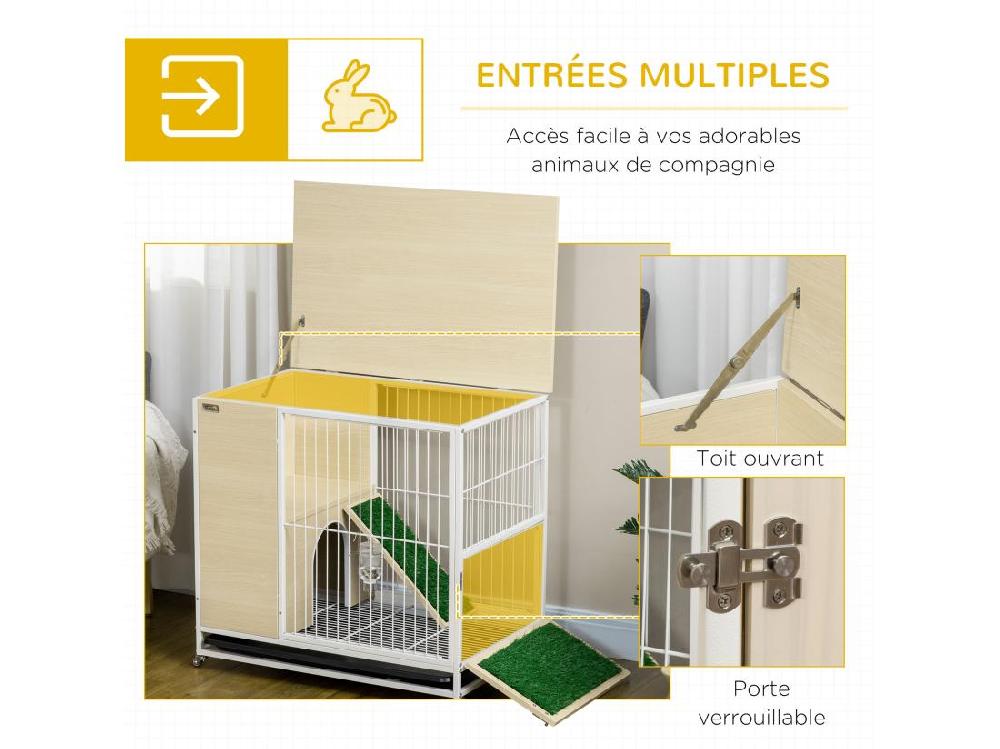 Vente Unique Clapier à Lapin Sur Roulettes Cage à Lapin 2 Niveaux Toit Ouvrant Porte Plateau Déjection Coulissant Rampe Niche Acier Blanc Aspect Bois Clair