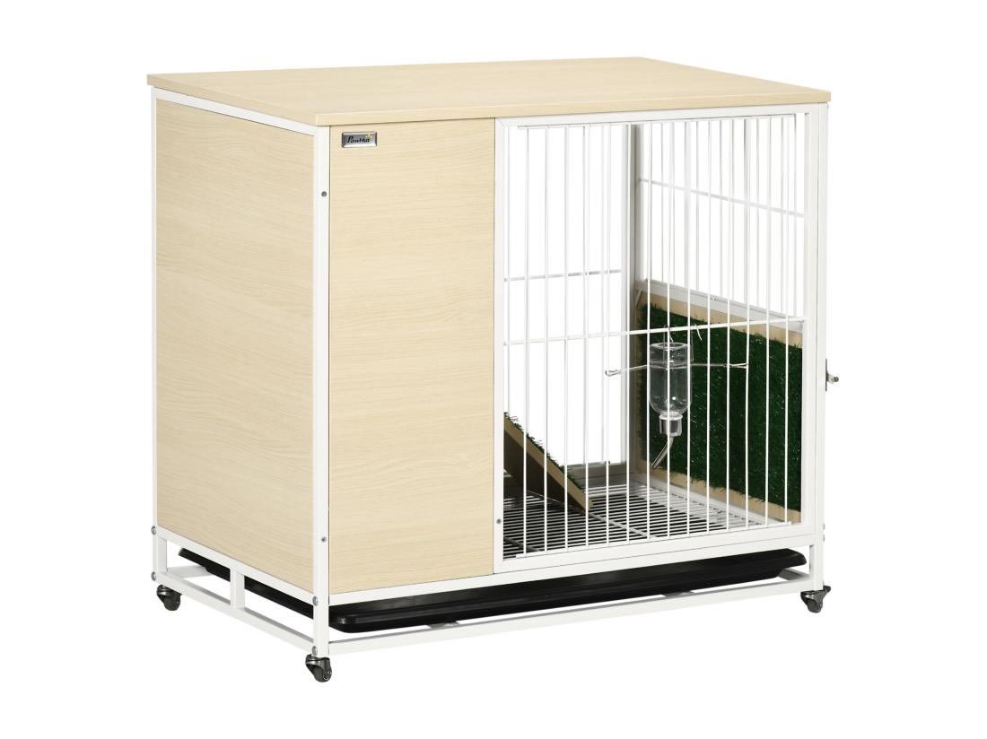 vente unique Clapier à lapin sur roulettes cage à lapin 2 niveaux toit ouvrant porte plateau déjection coulissant rampe niche acier blanc aspect bois clair